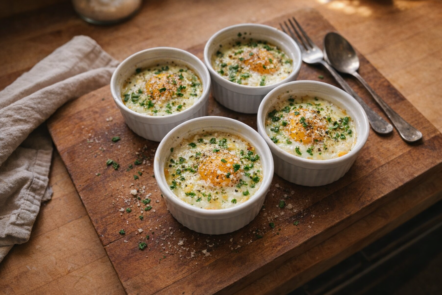A top-down, warmly lit image of baked eggs in ramekins, garnished with fresh herbs and a sprinkle of cheese, served on a rustic wooden board